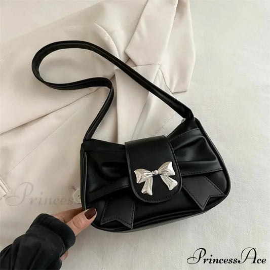 Bow Synthetic Leather Informal Shoulder Purse Black shoulder-250126