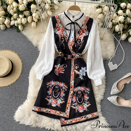 Bow Top and Elegant with for White Flower Overalls Vest Irregular Piece Gown Gown V-Neck Neckline Design Set Blouse 2