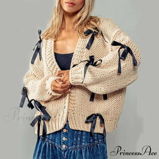 Bow Trim Button Down Cardigan beige / S