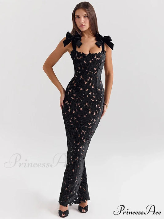 Bows Lace Sexy Maxi Party Dress Black / S