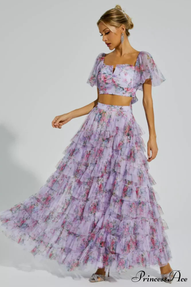 Braylee Purple Stylish Floral Ruched Set
