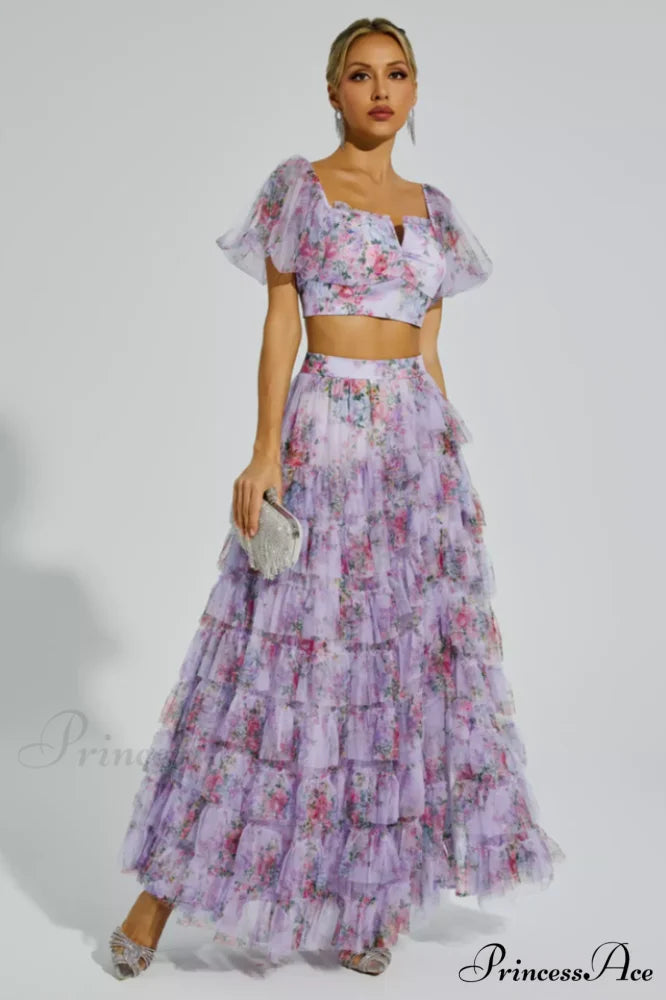 Braylee Purple Stylish Floral Ruched Set