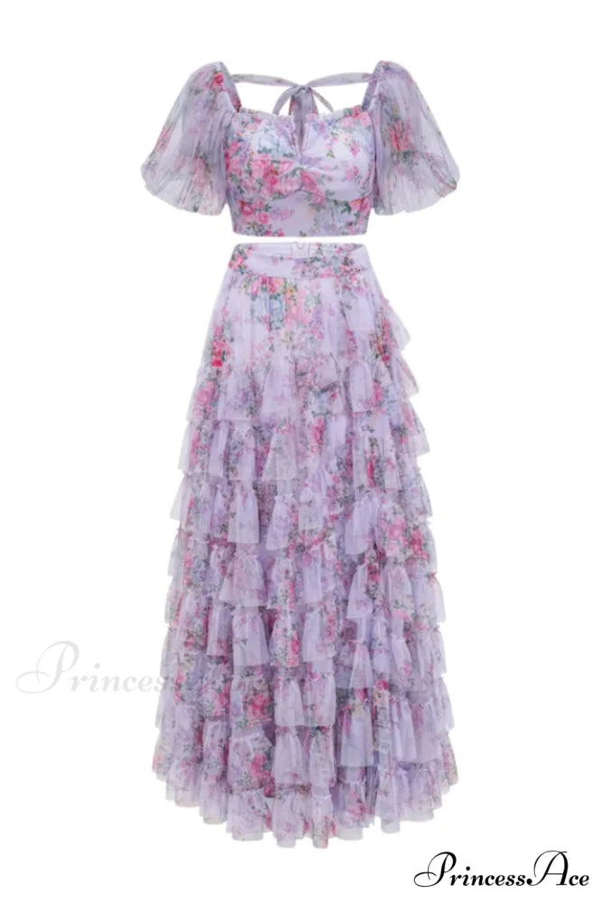 Braylee Purple Stylish Floral Ruched Set