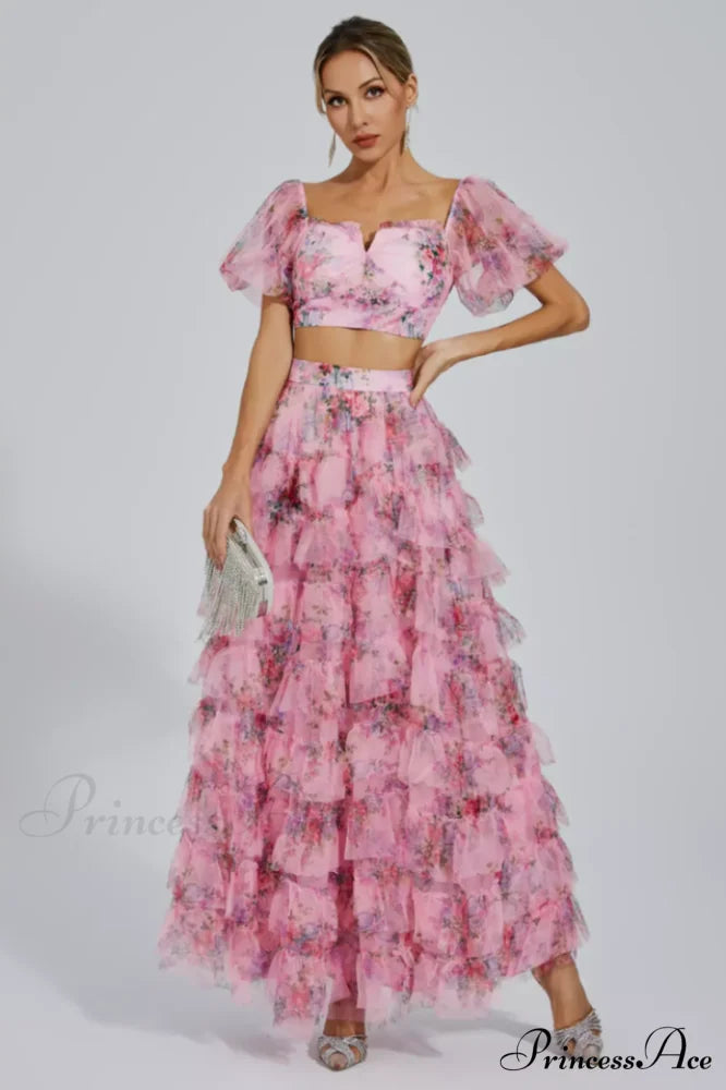 Braylee Purple Stylish Floral Ruched Set M / Pink