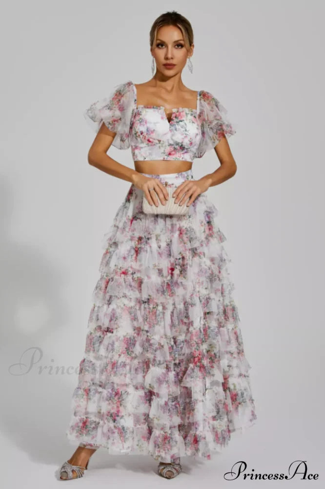 Braylee Purple Stylish Floral Ruched Set M / White