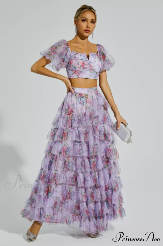 Braylee Purple Stylish Floral Ruched Set S / Purple