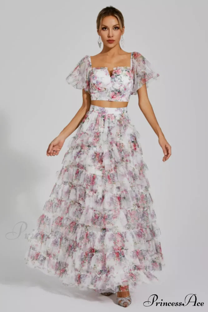 Braylee Purple Stylish Floral Ruched Set S / White