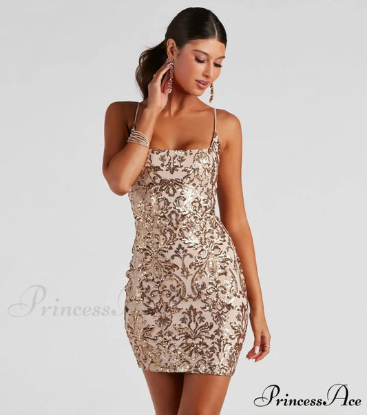 Brianna Sequin Stylish Mesh Bodycon Dress Golden / XS
