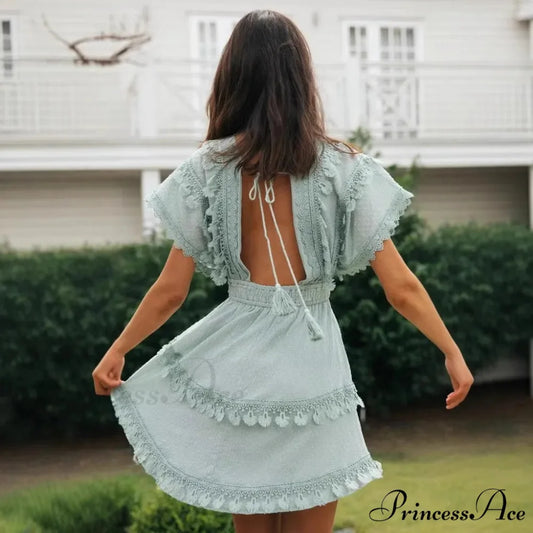 Brief Batwing Sleeve Lace Open Back Low-cut Mini Boho Dress bohodress-250126