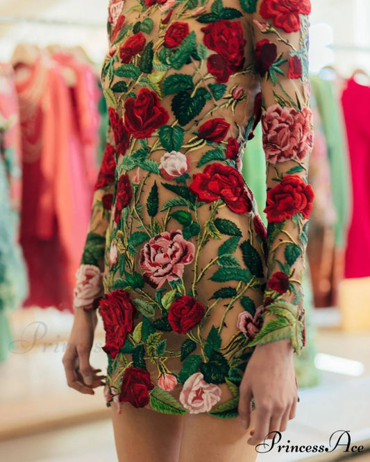 Brief Crew Arm Neck Flowered Casual Dress