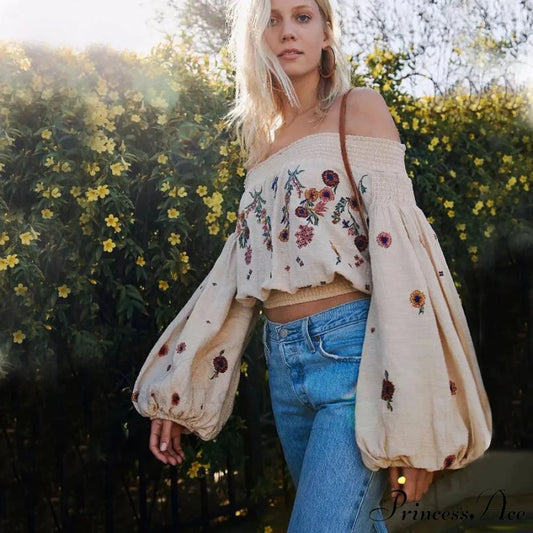 Brief Flower Stitching Off-Shoulder Bohemian Crop Blouse WHITE / S bohoblouse-250126