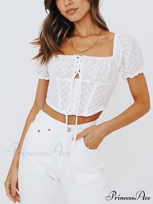 Brief Puff Sleeve Embroidered Shirred Tie Bow Cropped Blouse WHITE / S croptop-250126