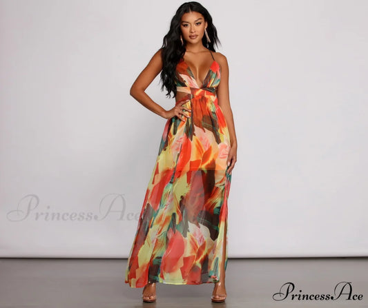 Brighter Vibes Lace-Up Charming Chiffon Maxi Dress MULTI / XS