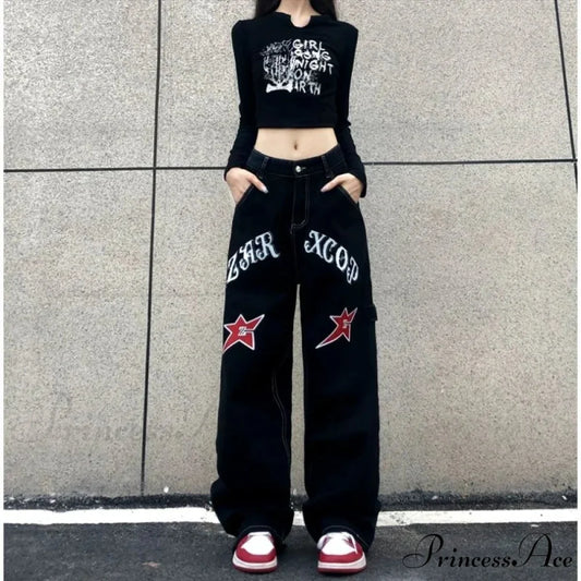 Broad Leg Celestial Body Letter Print Denim Trousers Black / S (40-48KG) pants-241228