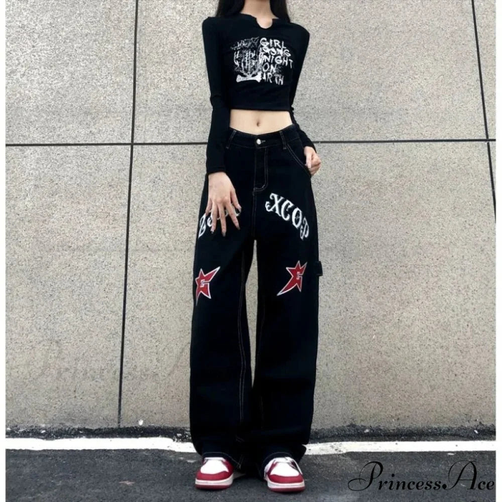 Broad Leg Celestial Body Letter Print Denim Trousers pants-241228