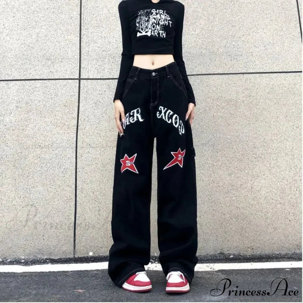Broad Leg Celestial Body Letter Print Denim Trousers pants-241228