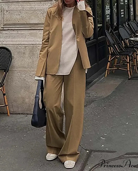 Brown Basic Blouse Pants Workplace Two Piece Ensemble Khaki / S officetwopieceset-250223