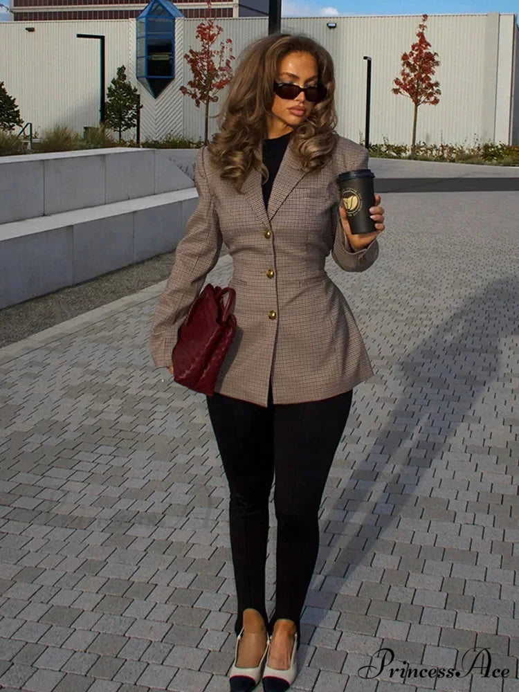 Brown Checked Suit Jacket coats-241228