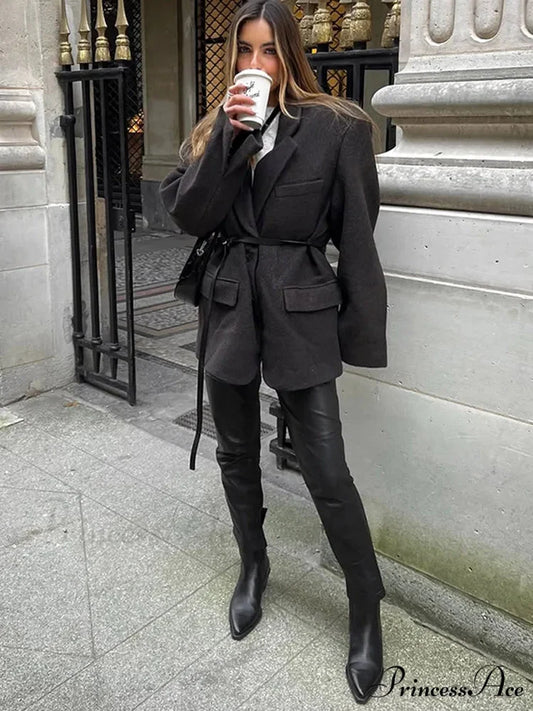 Brown Collar Blazer Cinched Wool Coat coffee / S coats-241228