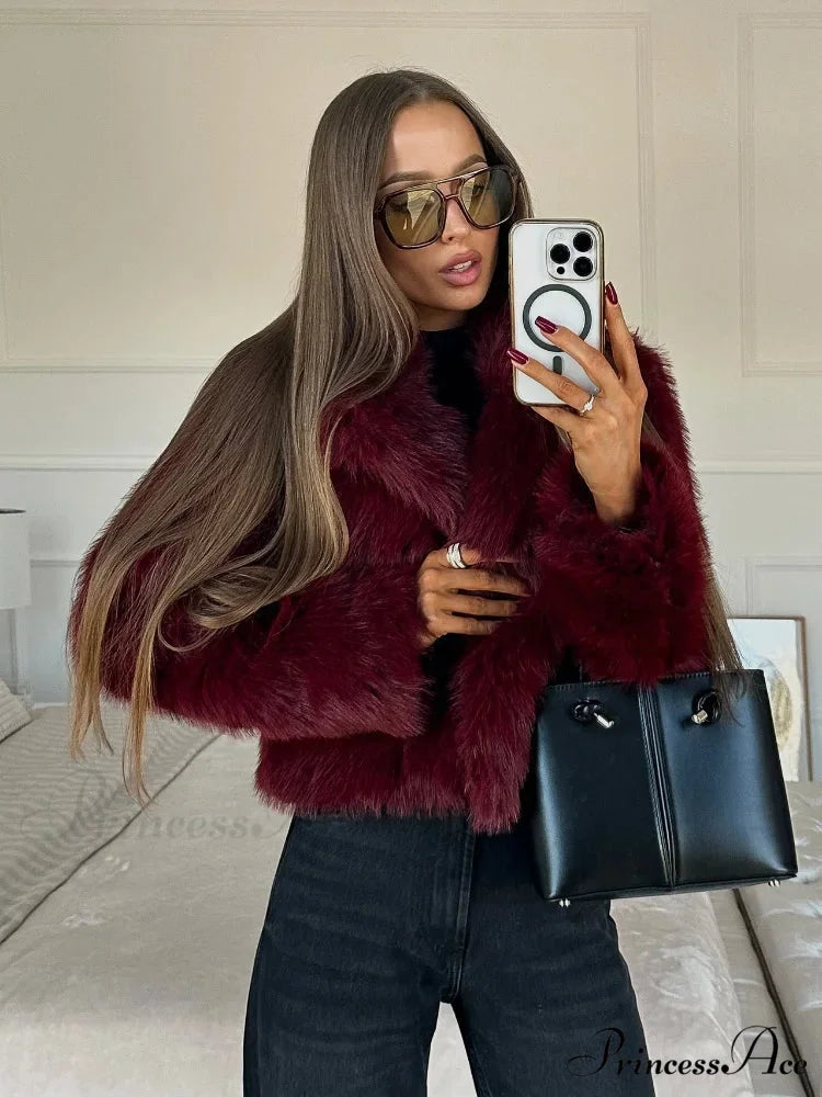 Brown Fluffy Faux Fur Short Coat RED / S