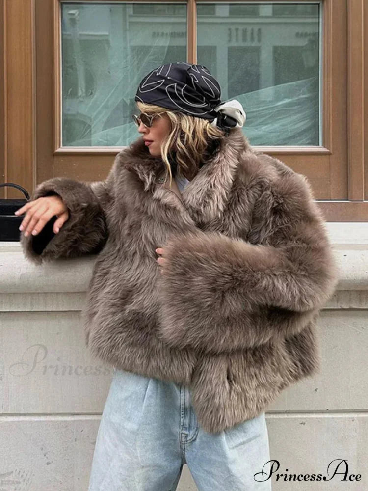 Brown Fluffy Faux Fur Short Coat BROWN / S