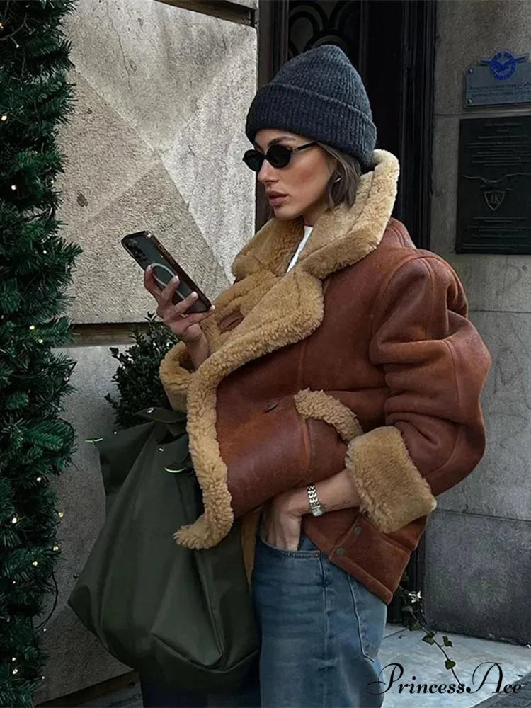 Brown Lamb Wool Blends Upright Collar Coat coats-241228