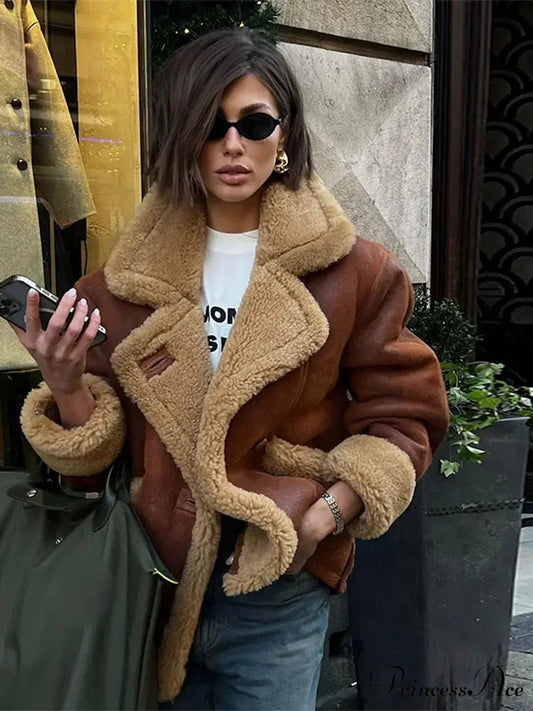 Brown Lamb Wool Blends Upright Collar Coat Brown / S coats-241228