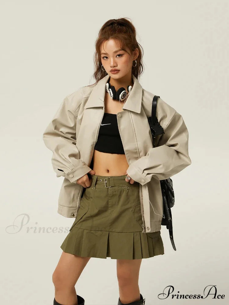 Brown Leather Polo Collar Three-Color Autumn Retro Casual Loose Jacket