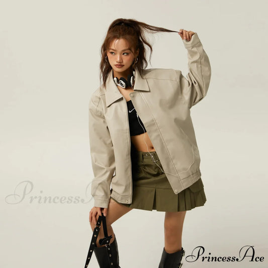 Brown Leather Polo Collar Three-Color Autumn Retro Casual Loose Jacket WHITE / S