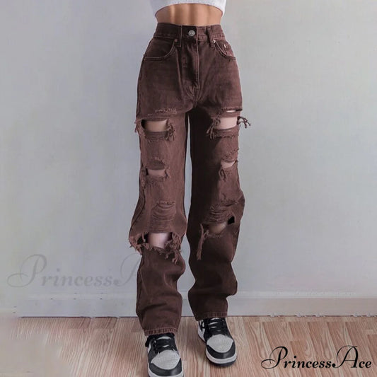 Brown Ripped Vintage Woman Distressed Jeans Brown / S