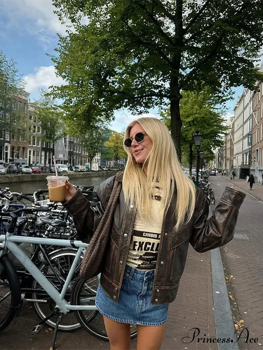 Brown Shortened Collar Leather Jacket dark brown / S coats-241228