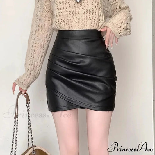 Brown Synthetic Leather Narrow Fit Skirt Black / S skirts-250223