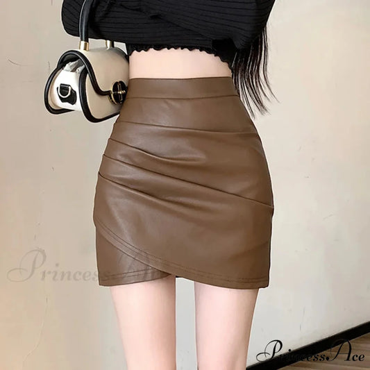 Brown Synthetic Leather Narrow Fit Skirt Brown / S skirts-250223
