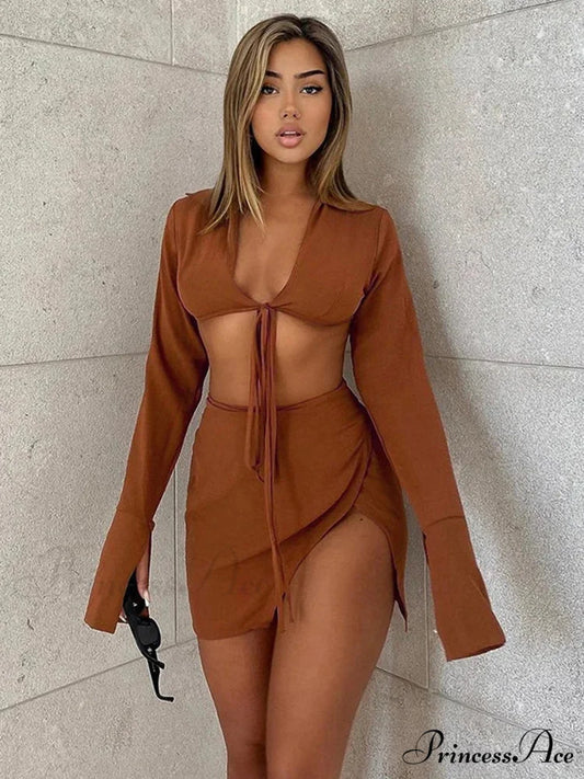 Brown Tie Front Top Skirt Sets Mini Dress Brown / S