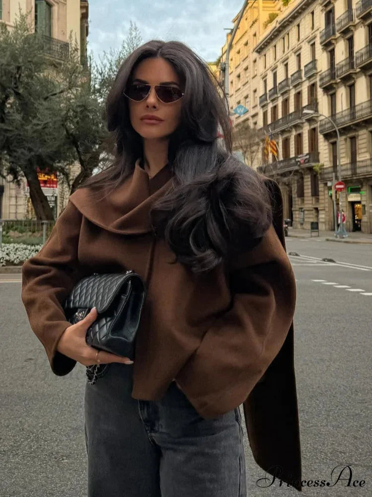 Brown Woolen Circular Neck Scarf Jacket coats-241228
