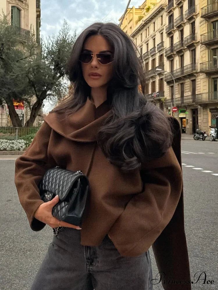 Brown Woolen Circular Neck Scarf Jacket coats-241228