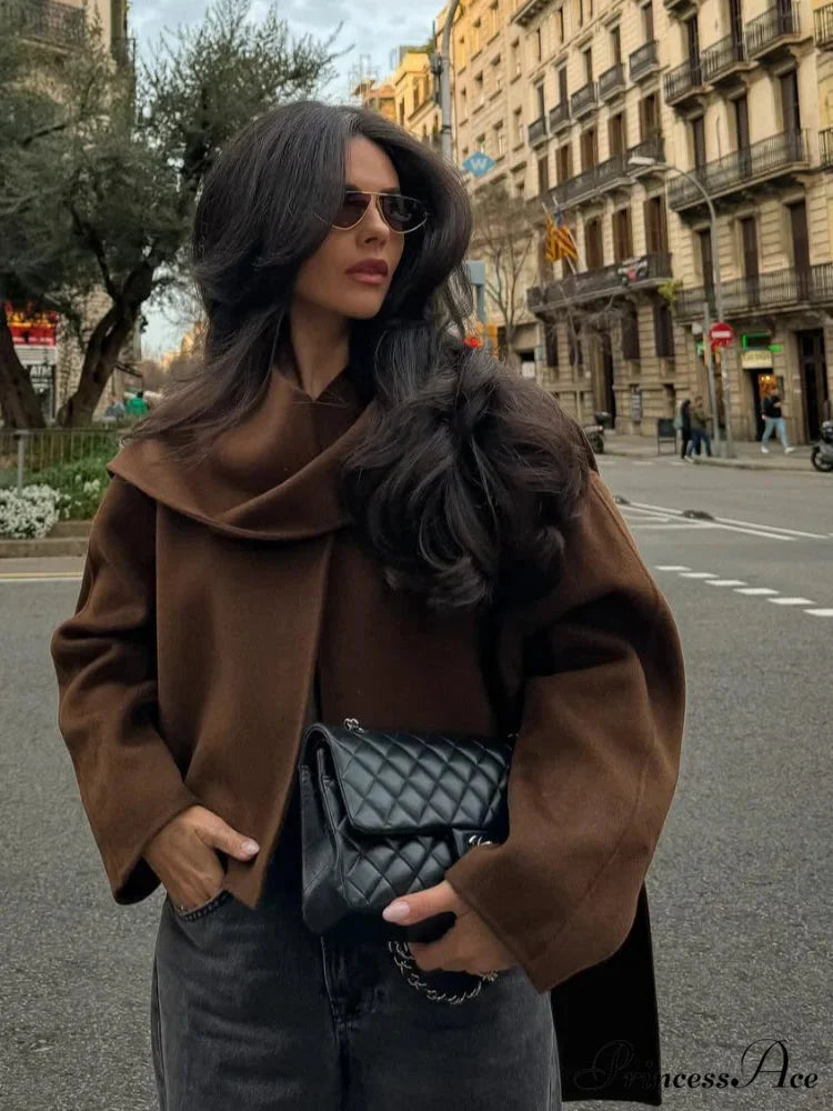 Brown Woolen Circular Neck Scarf Jacket coats-241228