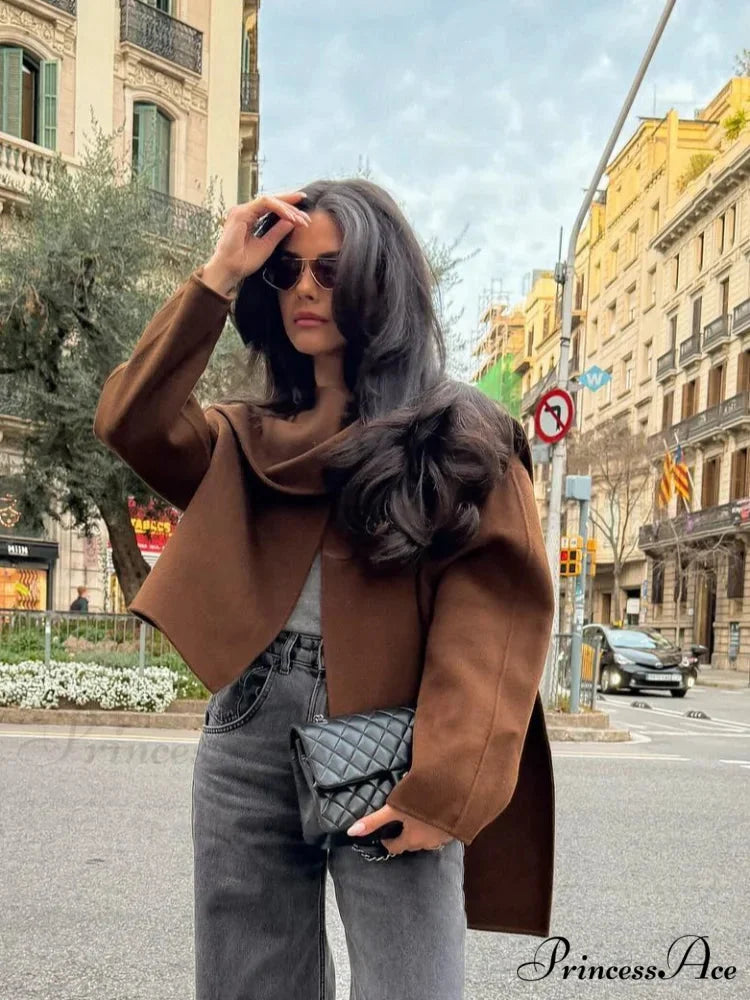 Brown Woolen Circular Neck Scarf Jacket coats-241228