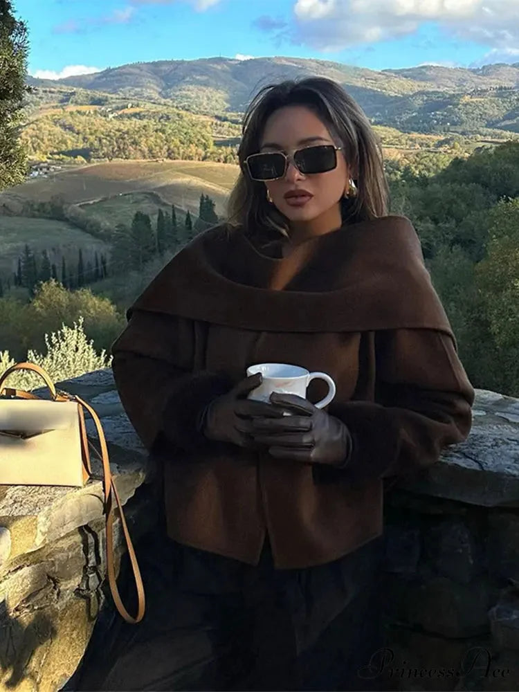 Brown Woolen Circular Neck Scarf Jacket Brown / S coats-241228