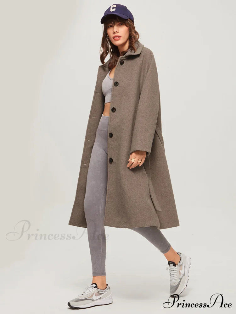Brushed Belted Graceful Long Overcoat Khaki / XS