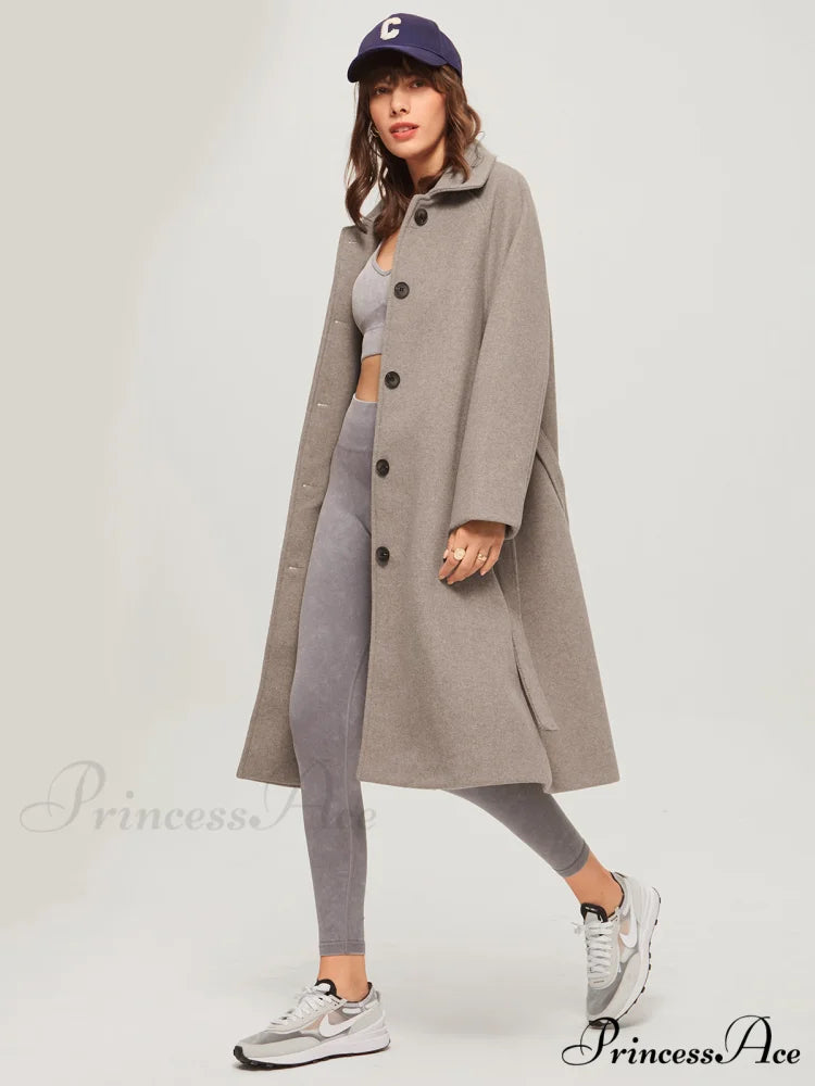 Brushed Belted Graceful Long Overcoat LightKhaki / XS