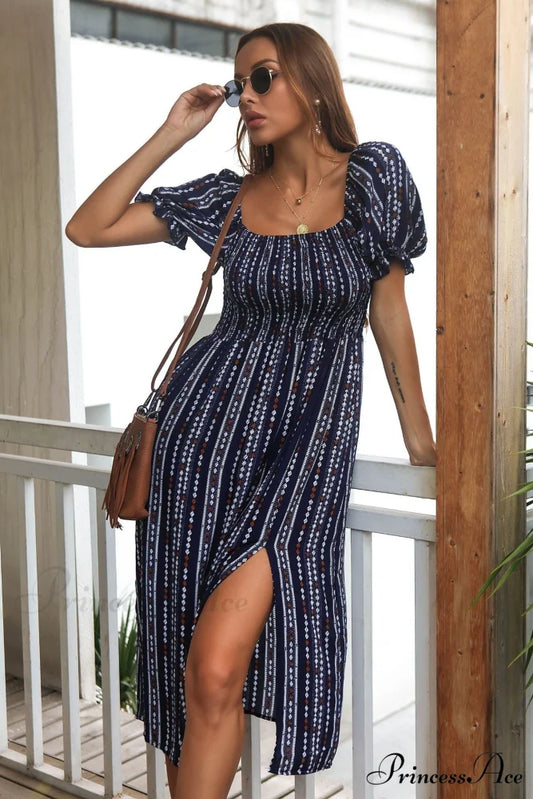Bubble Sleeve Rayon Dress with Print S / Apricot