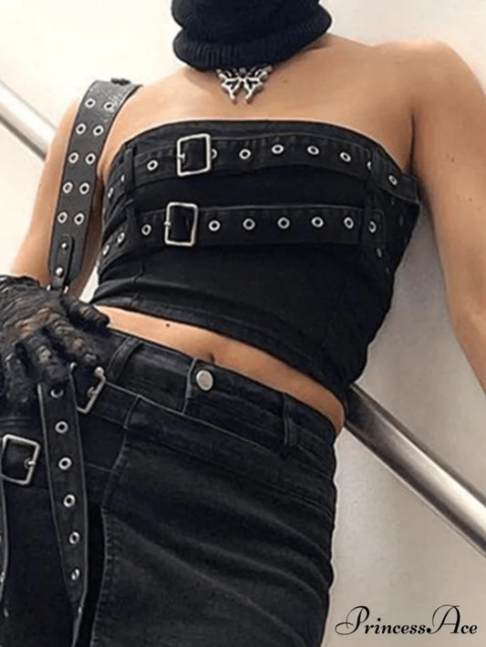 Buckle Belt Strapless Trendy Denim Mini Dress Black / S