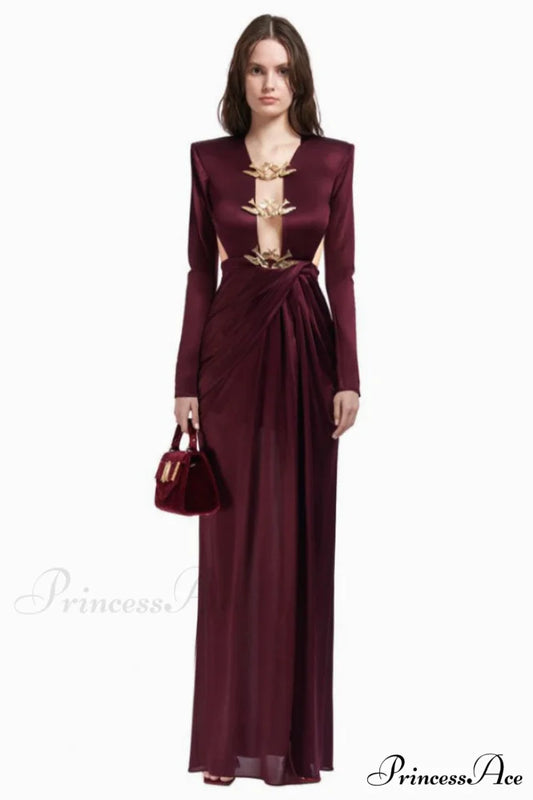 Buckle Detailed Stylish Draped Maxi Dress XS / Red