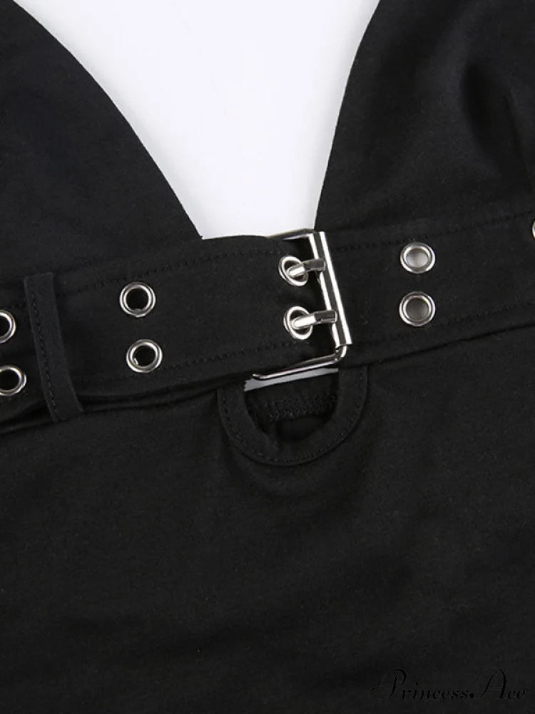 Buckle Strap Black Trendy Bodycon Mini Dress Black1 / M