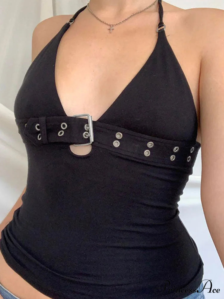 Buckle Strap Black Trendy Bodycon Mini Dress Black1 / S