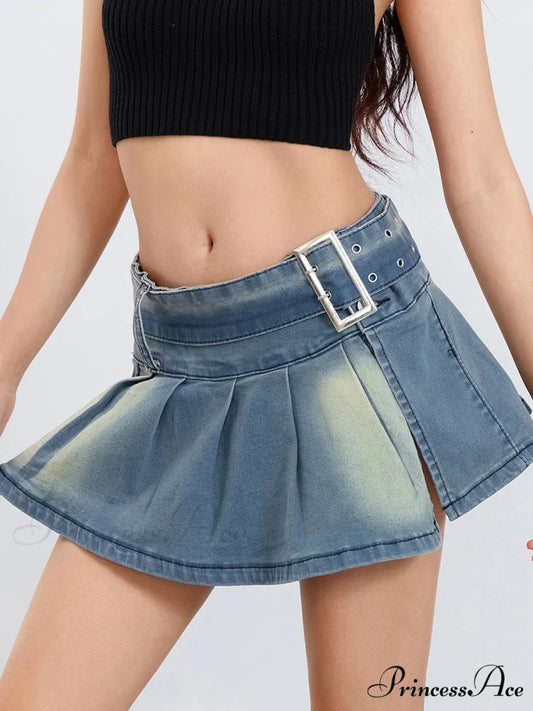 Buckled Folded A-Line Skirt Blue / S skirts-250223