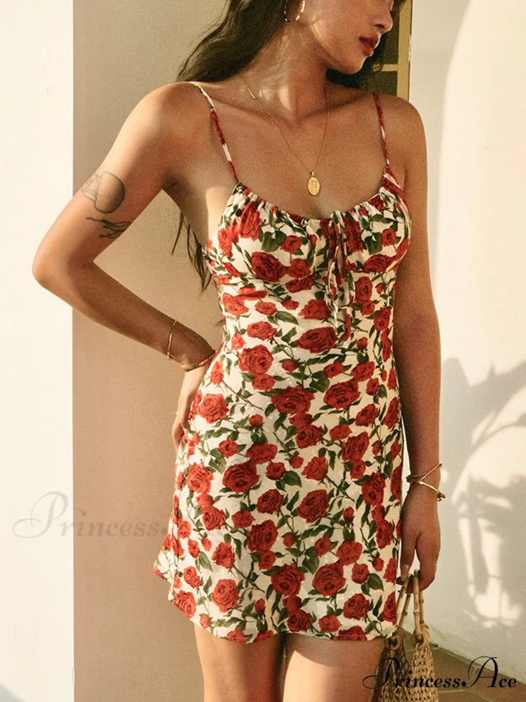 Bulgaria Roses Floral Trendy Backless Mini Dress Red / XS