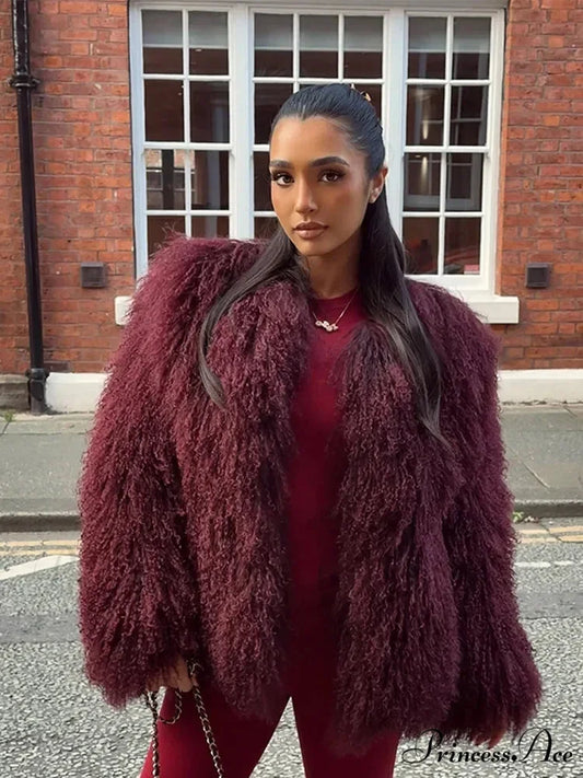 Burgundy Fluffy Faux Fur Coat wine red / S