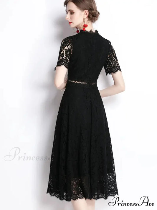 Burgundy Lace Dress with Short Sleeves and Mock Neck XS / Black